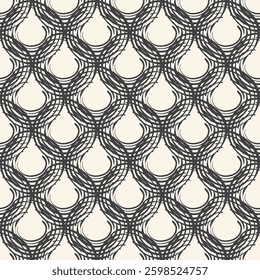 A seamless vector pattern with a painterly rattan weave lattice effect. Black and white overlapping lines create a modern, geometric grid design. Monochrome style for business, web packaging