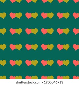 Seamless vector pattern of paired pink and yellow hearts on blue background. Holiday vector illustration. Cover design, surface.