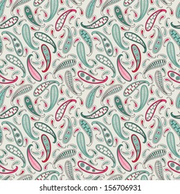 Seamless vector pattern with paisley design in pink and green colors made in a retro style.