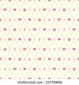 Seamless vector pattern with pale pink heart, bow, flower and argyle elements on light beige background. Simple romantic background witch decorative stylized forms. 