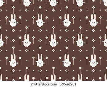 Seamless vector pattern in a palette of brown shades. Kawaii bunnies, eggs and flowers