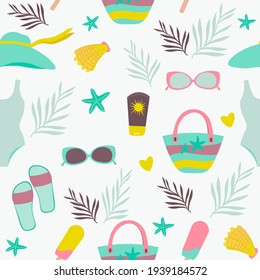 Seamless vector pattern palm leaf, ice cream, swimsuit, heart, hat, bag, glasses. For card, print, template, wallpaper. Wrapping paper or fabric. 