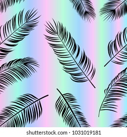 Seamless  vector pattern with  palm leaves on holofraphic background.