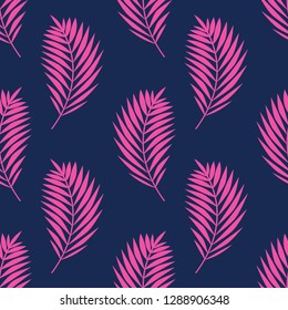 Seamless vector pattern with palm leaves. Pink tropical branches on dark blue background.