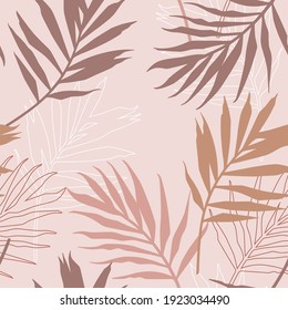 Seamless vector pattern with palm leaves in pink, powder, terracotta colors. Design for beauty, fashion, interior decoration. Suited for textile, background, wallpaper, wrapping.