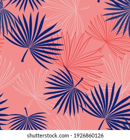 Seamless vector pattern with palm leaves in bright pink and blue colors. Tropical style background. Good print for wrapping paper, packaging design, wallpaper, ceramic tiles, and textile