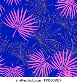 Seamless vector pattern with palm leaves in bright pink and blue colors. Tropical style background. Good print for wrapping paper, packaging design, wallpaper, ceramic tiles, and textile