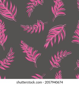 seamless vector pattern palm leaves pink-lilac leaf and outline on background. For textiles, packaging, fabrics, wallpapers, backgrounds, invitations. Summer tropics 