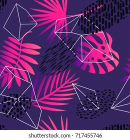 Seamless vector pattern with palm leaves. Fashion jungle print with hand drawn ink element in memphis style.