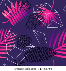 Seamless vector pattern with palm leaves. Fashion jungle print with hand drawn ink element in memphis style.