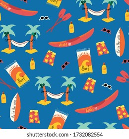 Seamless vector pattern with Palm tree hammock, surfboard, canoe, boardshorts, beach towels, sunglasses, suntan lotion. Repeating beach day background. Hawaiian beach day design. 