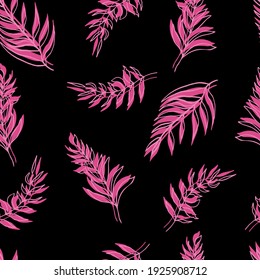 seamless vector pattern palm tree leaves pink-lilac leaf and outline on background. For textiles, packaging, fabrics, wallpapers, backgrounds, invitations. Summer tropics 