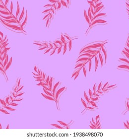 seamless vector pattern palm tree leaves pink-lilac leaf and outline on background. For textiles, packaging, fabrics, wallpapers, backgrounds, invitations. Summer tropics 