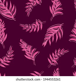 seamless vector pattern palm tree leaves pink-lilac leaf and outline on background. For textiles, packaging, fabrics, wallpapers, backgrounds, invitations. Summer tropics 