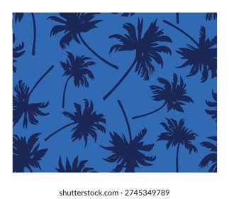 Seamless vector pattern of palm tree on black and blue background
