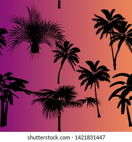 Seamless vector pattern with palm trees in neon vivid color palette. Retrowave 80s-90s style aesthetics.