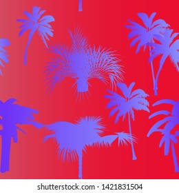 Seamless vector pattern with palm trees in neon vivid color palette. Retrowave 80s-90s style aesthetics