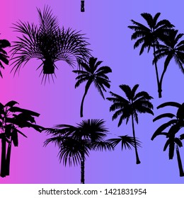 Seamless vector pattern with palm trees in neon vivid color palette. Retrowave 80s-90s style aesthetics.