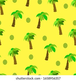 Seamless vector pattern of palm trees, coconut and green leaves. Bright illustration in flat style. Marine and summer theme. Good for print in kids room or tour travel shop.
