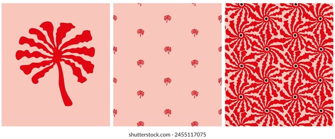 Seamless Vector Pattern with Palm Trees and Abstract Boho Flowers. Red-Pink Tropical Endless Design for Textile, Wrapping Paper, Wall Art. Red Hand Drawn Palms on a Light Pink Background. RGB.