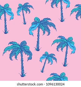 Seamless vector pattern of palms in cartoon style, neon colours