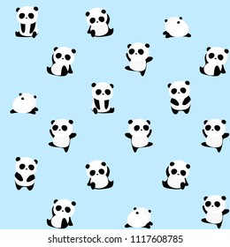 Seamless Vector Pattern: panda bear pattern on light blue background. Small pandas with different gestures.