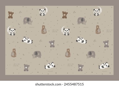 Seamless Vector Pattern: panda bear pattern on background. Mini pandas with different gestures.