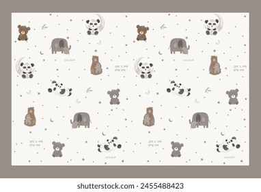 Seamless Vector Pattern: panda bear pattern on offwhite background. Mini pandas with different gestures.