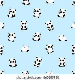 Seamless Vector Pattern: panda bear pattern on light blue background. Small pandas with different gestures.