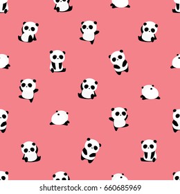 Seamless Vector Pattern: panda bear pattern on dark pink background. Small pandas with different gestures.