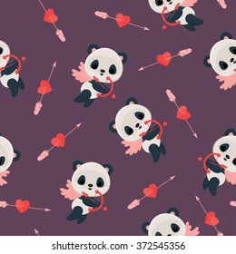 Seamless vector pattern with panda cupid. Saint Valentine's Day wallpaper. Panda cupid with bow, heart, arrow on violet background