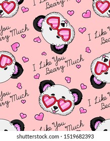 Seamless vector pattern. Panda in heart shaped glasses with lettering i like you beary much.