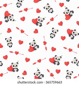 Seamless vector pattern with panda in love. Saint Valentine's Day wallpaper. Panda, heart, arrow on white background