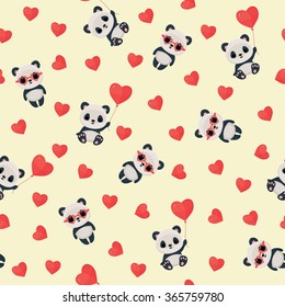 Seamless vector pattern with panda in love. Saint Valentine's Day wallpaper. Eps 10