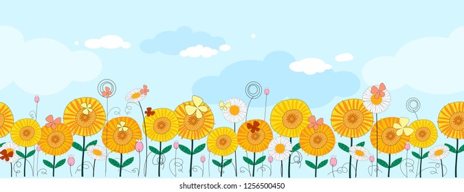 Seamless Vector seamless pattern in panorama orange flowers with flying butterfly on blue background, Illustration landscape mixed sunflower in yellow and orange tone with wild flower 