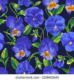 Seamless vector pattern with Pansies, blue and yellow Violas, realistic Flowers with lettuce leaves on dark background. Clothing design, floral background, postcards, advertising banners