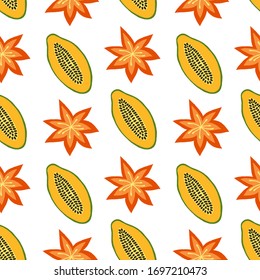 Patrón vectorial de papaya y flores en un fondo blanco.