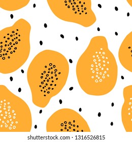 Seamless vector pattern with papaya and seeds. Tropical fruits background.
