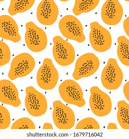 Seamless vector pattern with papaya and seeds. Tropical fruits background.