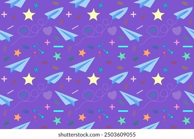 Seamless vector pattern with paper airplanes, stars, arrows, and school supplies on a purple background. For back to school or educational theme, stationery design, textile print, and wrapping paper.