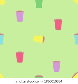 A seamless vector pattern of paper cups with caps isolated on green background. Designed in lilac, pink, blue, yellow, brown colors for templates, backgrounds, wraps, wallpapers for adults and kids