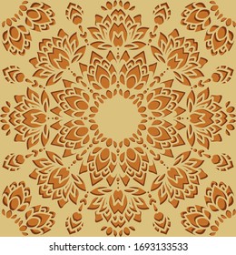 Seamless vector pattern paper cut flowers on sand yellow background. Romantic floral lace wallpaper design. 