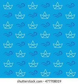 Seamless vector pattern with paper ship and wave.