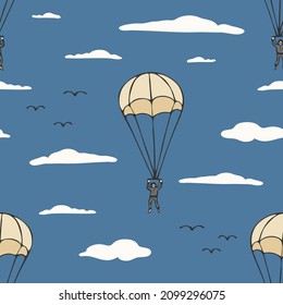 Seamless Vector Pattern With Parachute Jump On Blue Background. Fun Cartoon Lifestyle Wallpaper Design. Decorative Extreme Sport Fashion Textile.