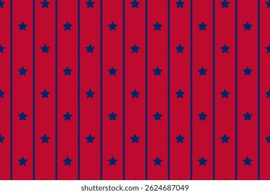 Seamless vector pattern Parallel blue vertical lines stars Isolated red background Print fabrics Wrapping paper Typography design Tablecloths Scrapbooking Cardmaking USA flag color 4th july