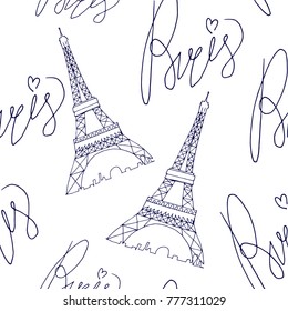 Seamless vector pattern with paris eiffel tower on white background with lettering. Element for textile and fabric print, poster, background, greeting card, decoration.