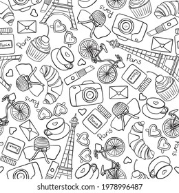 Seamless vector pattern of Paris french symbols,landmarks.Travel icons. Black white sketch
