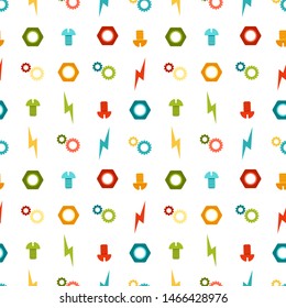 Seamless vector pattern of parts, nuts, cogs, gears, zippers, gears, colored on a white background, a chessboard arrangement for boys