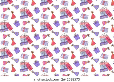 Seamless vector pattern. Party hats and gift boxes on white background. Packaging for birthday, festival, carnival. Surprises with bows and bright ribbons. Paper Caps and Gifts for Kids