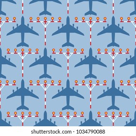 Seamless vector pattern with passenger airplanes and strip lights. Can be used for graphic design, textile design or web design.